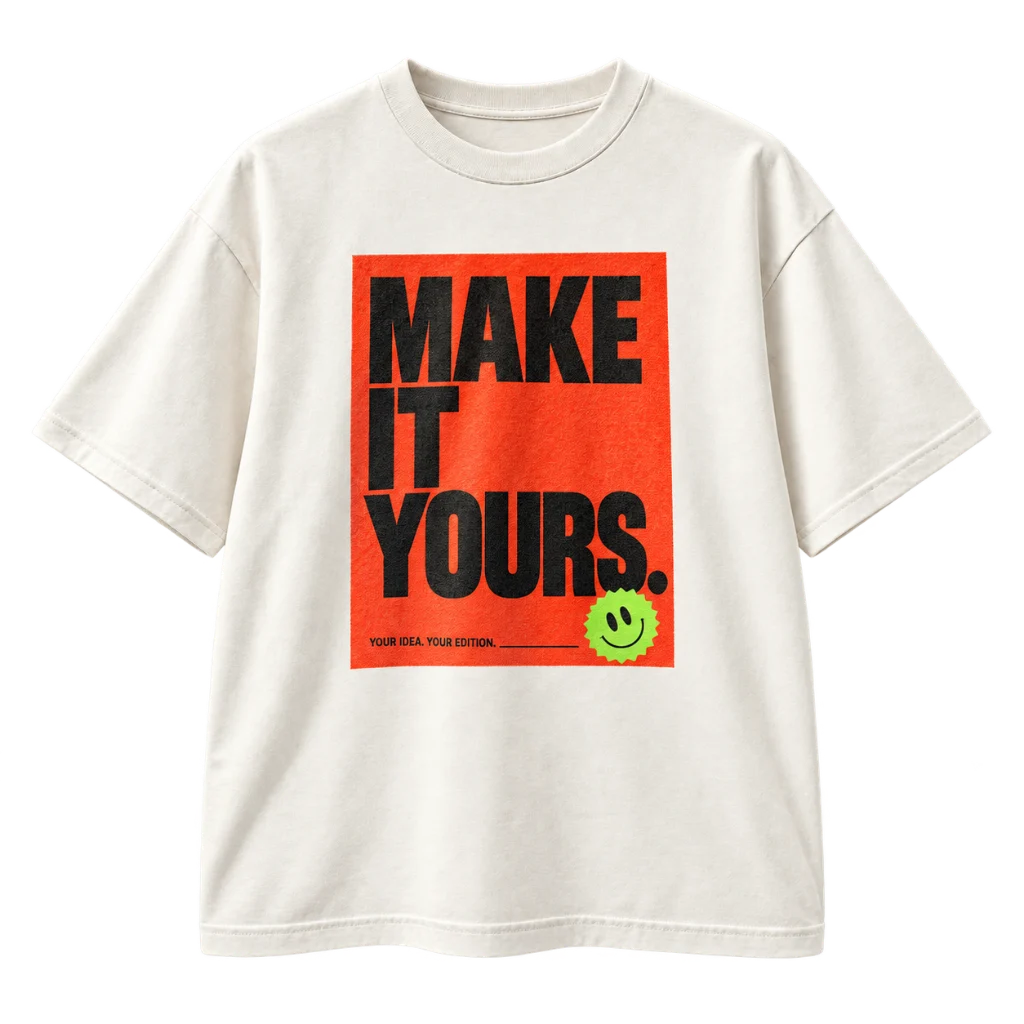 MAKE IT YOURS 인쇄를 표현한 생성형 티셔츠 목업